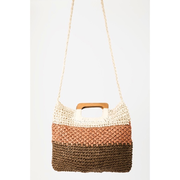 SOLD OUT Three Tone Striped Square Wood Handle Woven Braided Straw Tote Bag - Picture 3 of 5